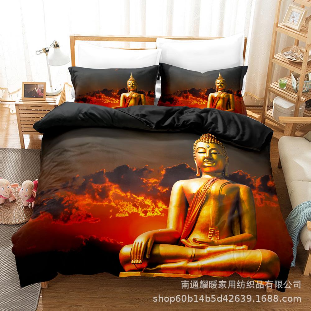 3D Digital Printing Bedding Four-Piece Set Three-Piece Set Buddha Statue Bed Sheet Quilt Pillow