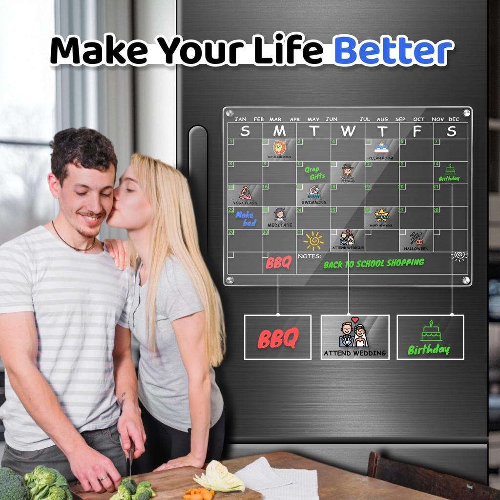 Acrylic Calendar for Fridge with 3 Packs Stickers & 3 Markers - Clear Magnetic Calendar for Refrigerator, Dry Erase Calendars for Fridge Whiteboard,