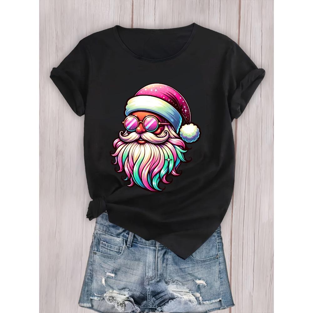 Holiday Santa Claus Pattern Printed T-shirt Women's Sleeves Aesthetic Clothing