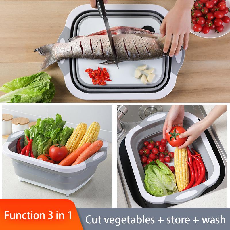 Multifunctional 3 In 1 Folding Cutting Board Drain Basket Collapsible Vegetable Basin Chopping Blocks Kitchen Organizer Supplies