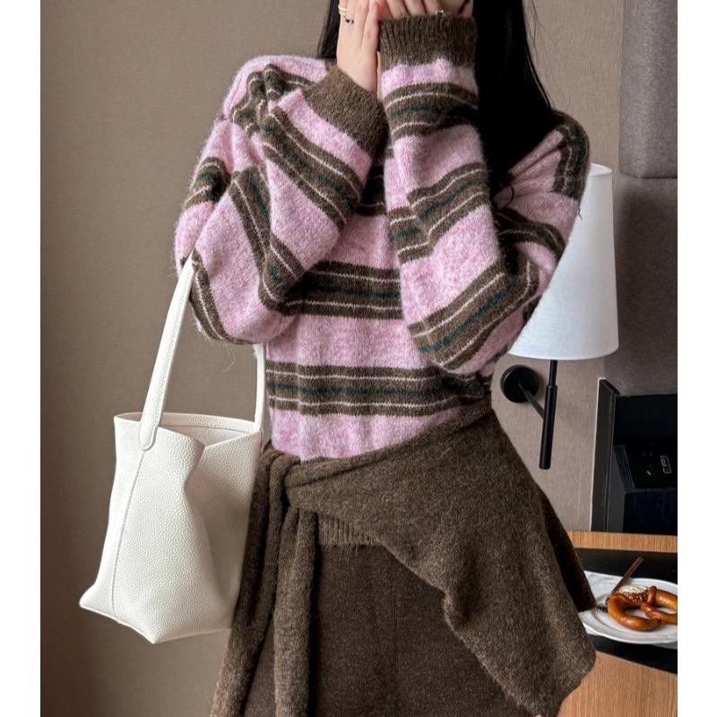 Women Striped Knit Sweater Two Piece Set Off Shoulder Shawl Collar Pullover Fall Winter Korean Style