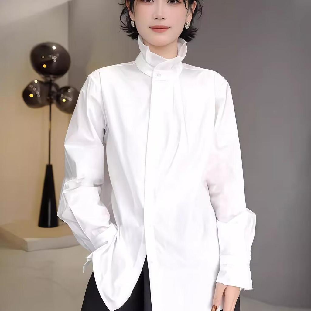 Women's Blue Long Sleeve French Wood Ear Edge Stand Collar Shirt - 2026 Spring/Autumn Chic Loose Fit