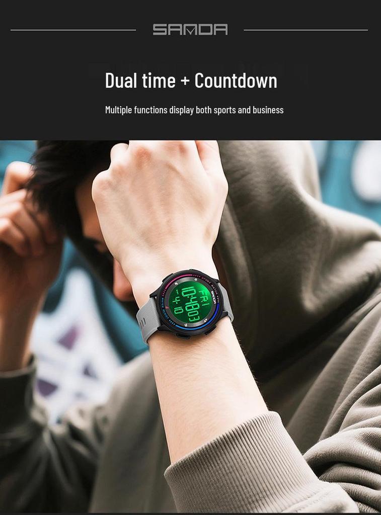SANDA Unisex Luminous Waterproof Thin Large Screen Multifunction Electronic Wristwatch