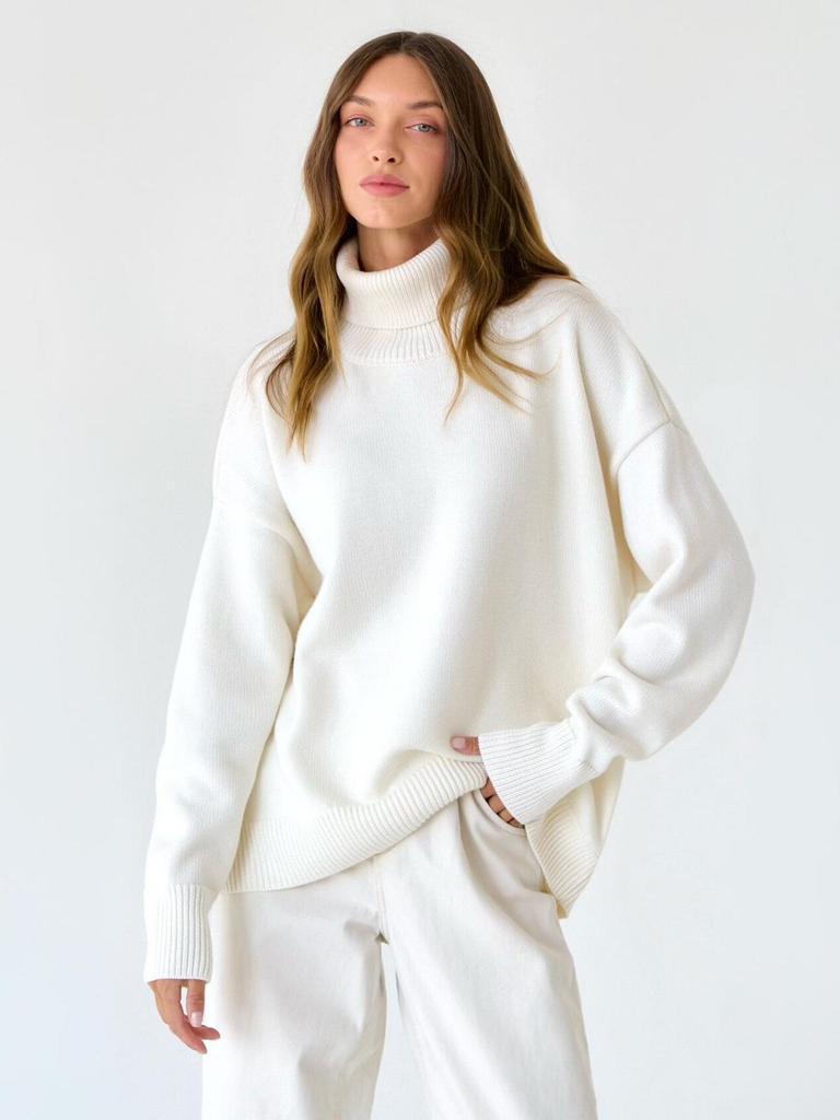 Autumn/Winter 2024 Solid Color High-Neck Casual Loose Knit Sweater