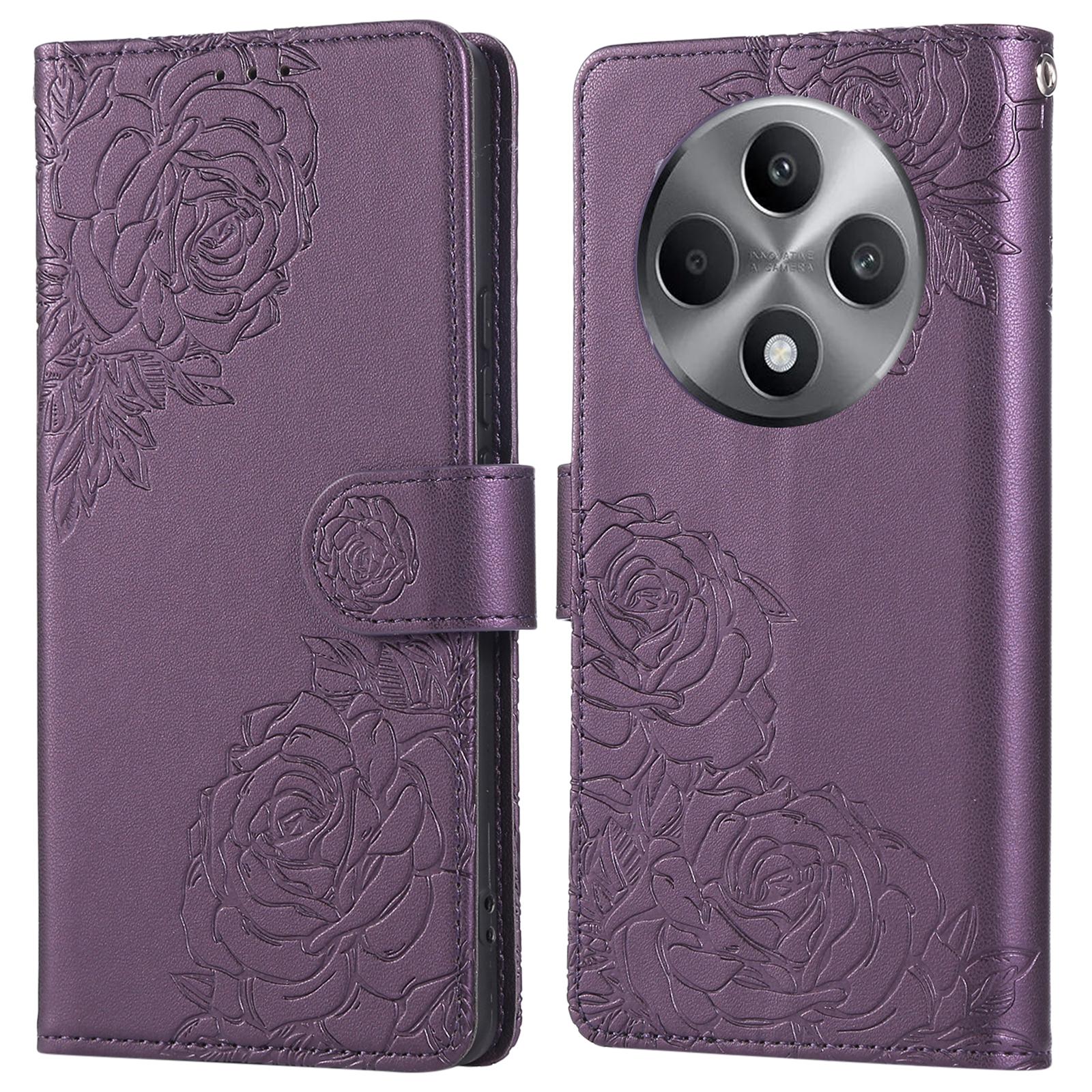 

For Oppo Reno12 F 5G/4G Case Rose Flower PU Leather Wallet Phone Cover with 3 Card Slots Dark Purple