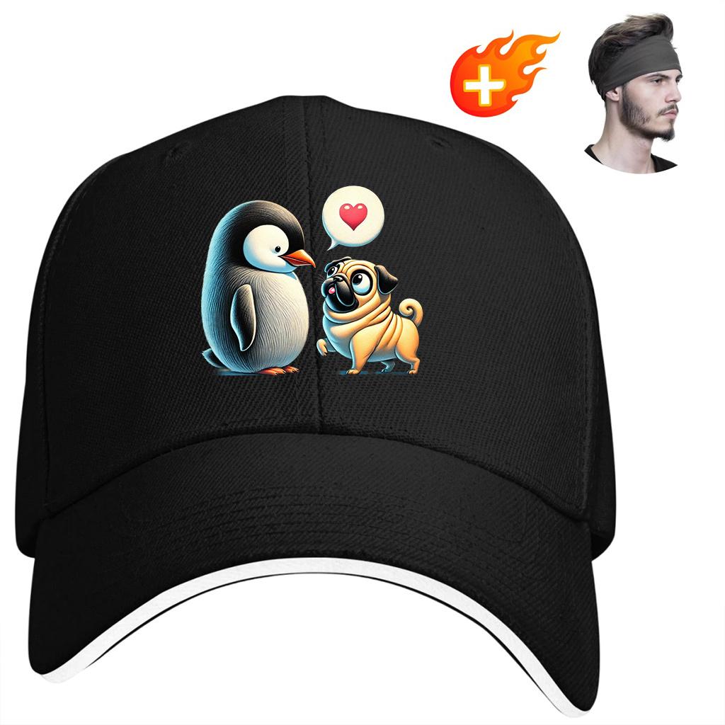 Cute Penguin and Pug Cartoon Print Cotton Baseball Cap Adjustable Casual Adult Sport Hat