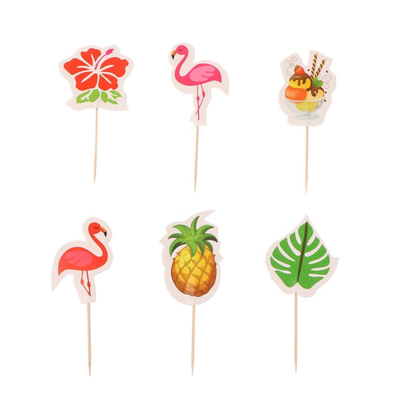 24Pcs Luau Cupcake Toppers Hawaiian Toothpicks With Flamingo Pineapple Palm Leaves Shape Picks Tropical Summer Beach Party Decor