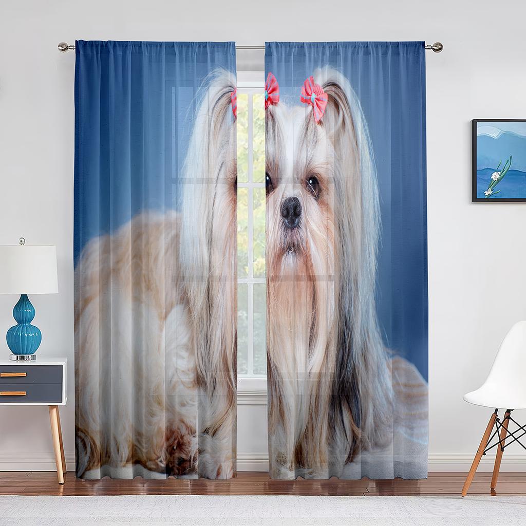 Cute Dog Shih Tzu Puppy Pet Sheer Voiles Curtains for Living Room Bedroom Kitchen Tulle Window Curtain Home Balcony Decor Drapes