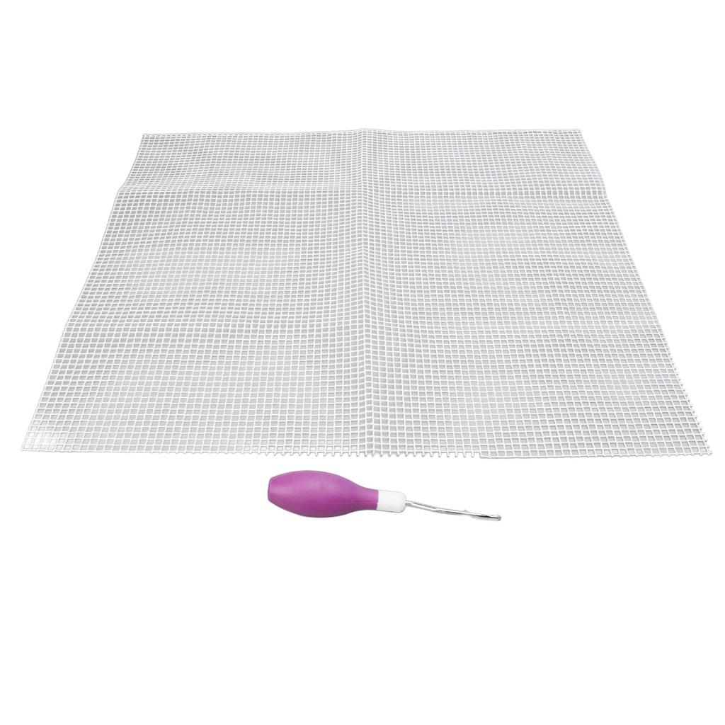 Hook Tool and Rug Hooking Mesh Kit Rubber Handle Bent Hook Crochet Needle 50x50cm Mesh Fabric for Crafts