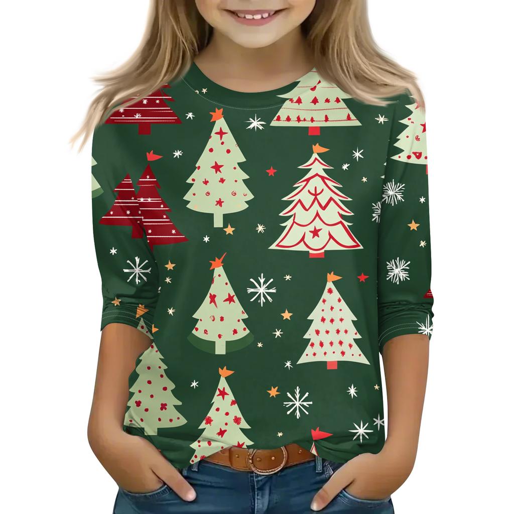 חולצות מודפסות ליום חג המולד לבנות צעירות בגילאי 5-16 צווארון עגול שרוולי 3/4 חולצות טי טופים אופנתיים חולצות להרכבת אאוטפיט