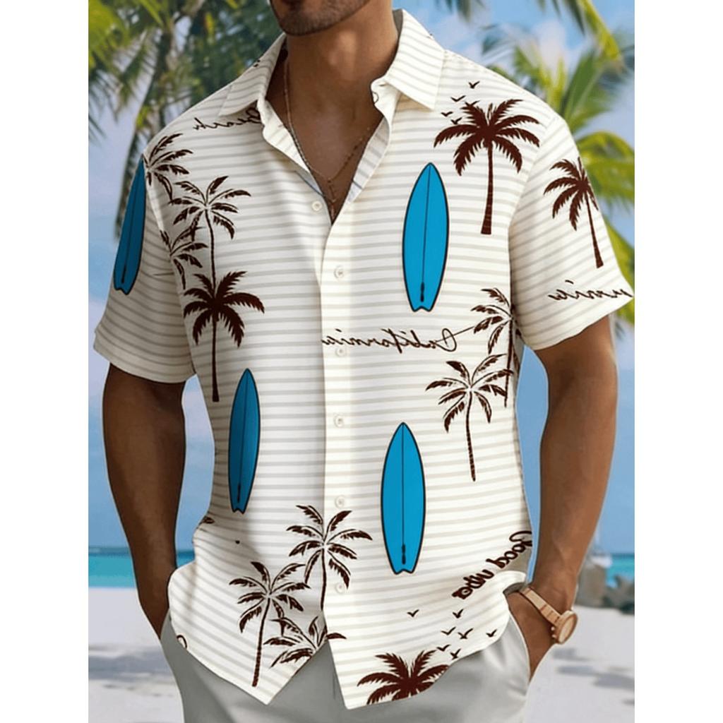 Men's Coconut Tree Beach Ocean Print Short Sleeve Shirt, Spring Summer Vacation Blouse, Loose Casual Top