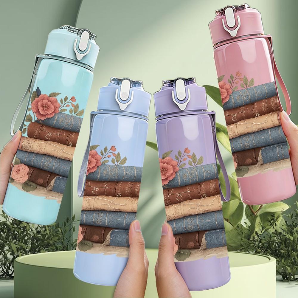 1PC Vintage Stacked Rose Books 750ml Color Plastic Sports Water Bottle Leakproof Flip Straw Lid Suitable for Sports Office Home Use