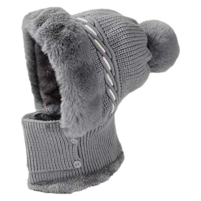 Winter-Plüsch-Skimütze, einteiliges Schal-Mützen-Set, Gesichtsmaske, Ohrenschutz, Strickmützen, Kunstfell-Pompon, Wollmützen, Nack, warm, für Outdoor-Wanderungen und Reiten