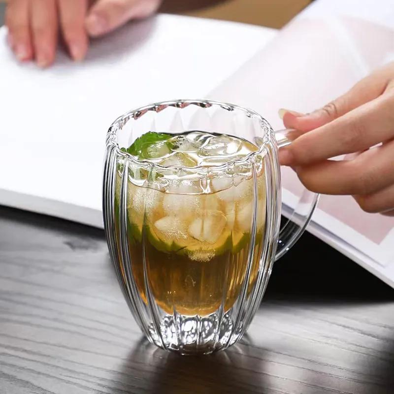 Stripe Double Wall Glass Cup High Borosilicate Heat Resistant Water Cups Transparant Juice Coffee Water Cup Drinkware Glass Mug