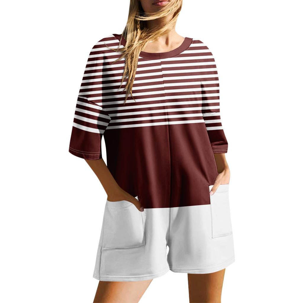 Plus Size Womens Casual Print V Neck Pockets Short Sleeve Jumpsuits Wide Shorts Rompers