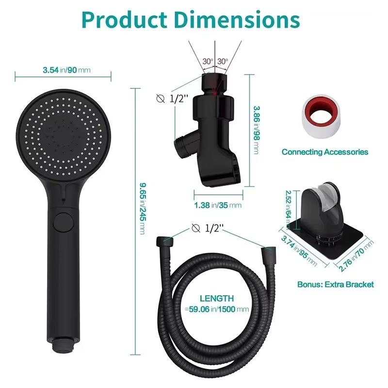 ZHIYAN Matte Black ABS High Pressure Water Saving Rain Showerhead with 3 Spray Modes Handheld Showerhead Set