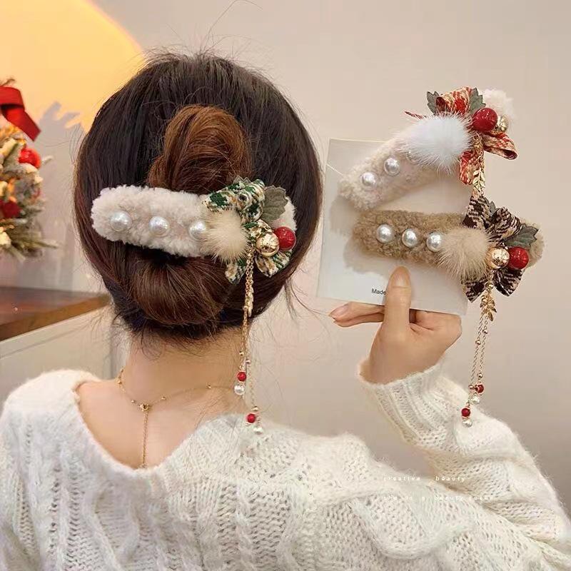 Weihnachts-Haarspange mit Glockenquaste und Plüschapplikation für Damen, ideal für Hochsteckfrisuren
