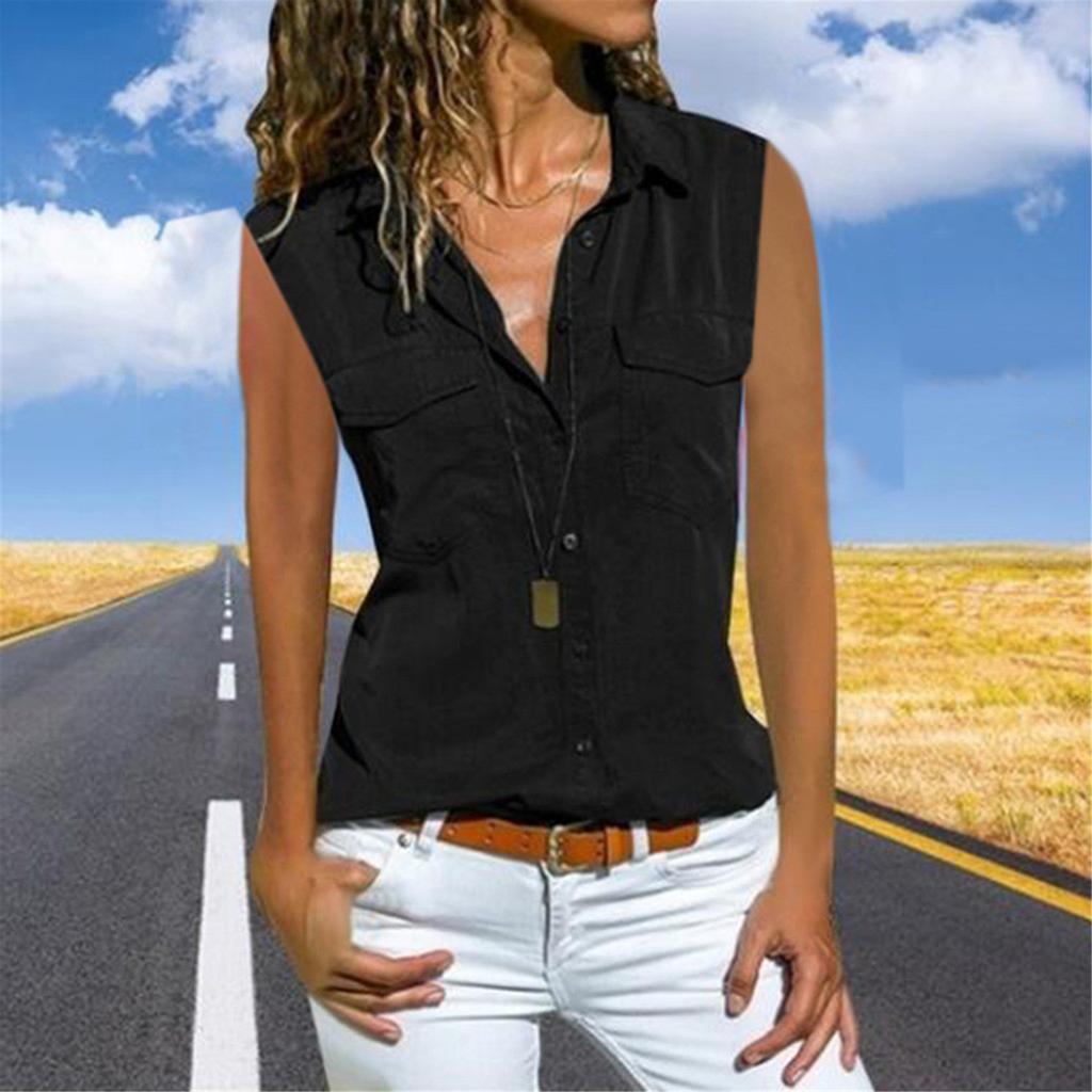 Women Casual Sleeveless Turn Down Collar Pockets Button Front Shirt Tops