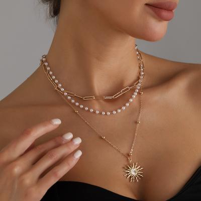Sunflower Necklace Retro Multi-layer Pearl Chain Versatile Niche Elegant Temperament Necklace