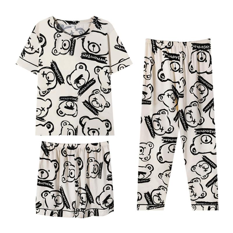 Summer new pajamas female cute cartoon short sleeves short trousers women's casual loungewear three-piece set