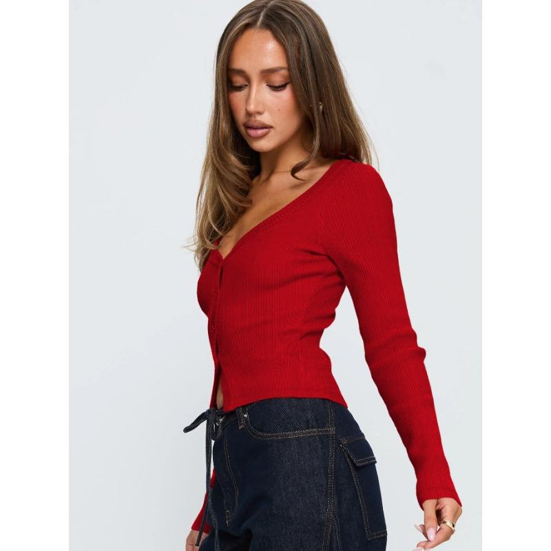 Women S V Neck Long Sleeve Ribbed Button Front Cardigan