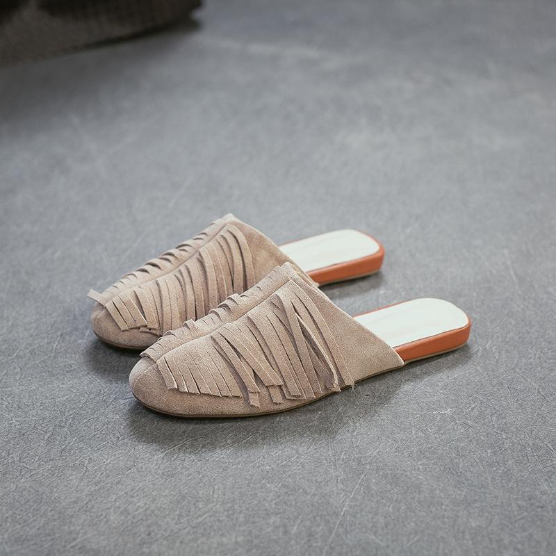 Johnature Chinelos Planos de Moda com Franjas em Camurça de Vaca Leves Confortáveis e Versáteis Sapatos Slip-on Femininos