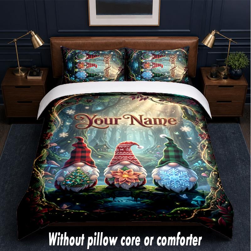 Gnome Theme Custom Text Or Name 3Pcs Bedding Set,1 Flat Sheet & 2 Pillowcases Personalized Home Bedding