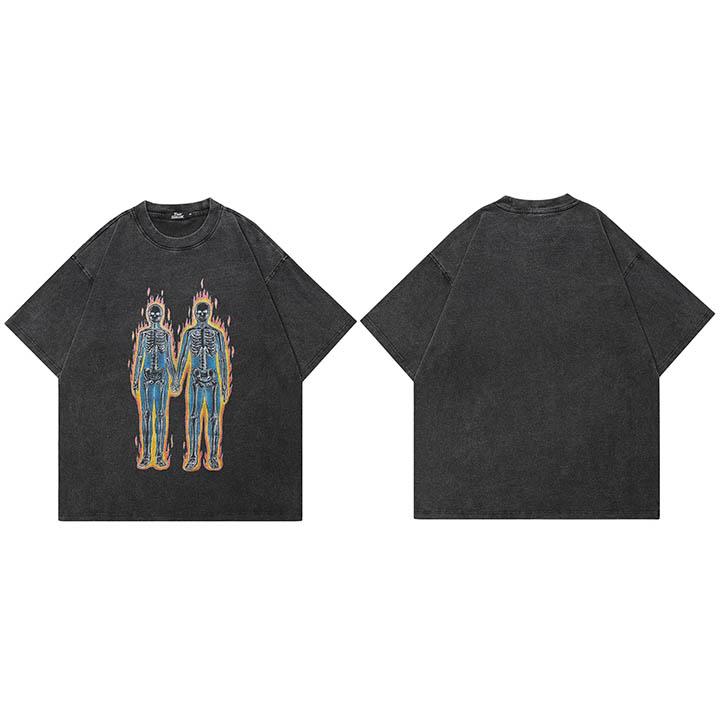 Men Hip Hop Streetwear Oversized T Shirt Flaming Skull Skeleton Graphic TShirt Cotton Faded Black Tshirt Unisex Tops Tees S