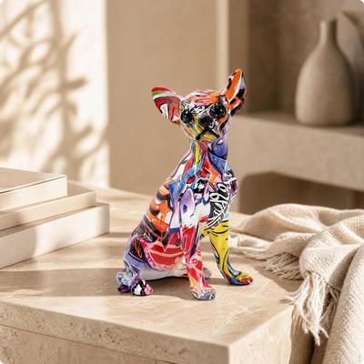 Resin Chihuahua Figurine Decorative Graffiti Statue Glossy Dog for Pet Lovers,
