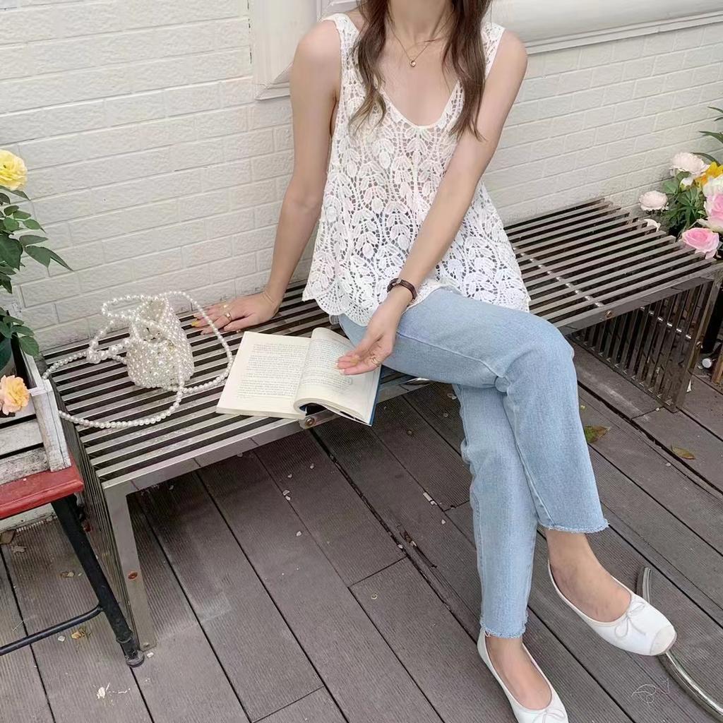 Crochet Lace Tank Top Women Leaf Embroidery Hollow-out Sleeveless Knit Top Cover-up Vacation Bohemian Summer