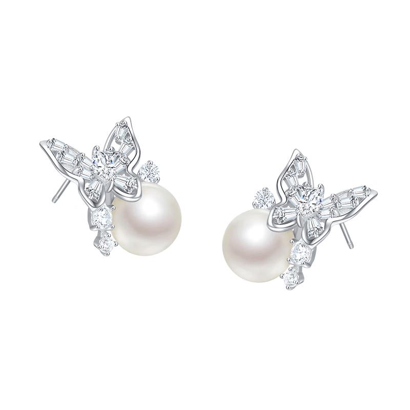 Chow Tai Seng Butterfly Silver Pearl Earrings for Women