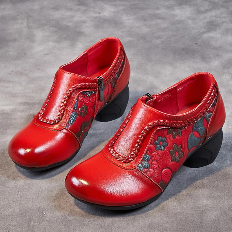 

Mom shoes new women s shoes first layer cowhide thick heel soft sole leather shoes ethnic medium round head single shoes women 34 красный