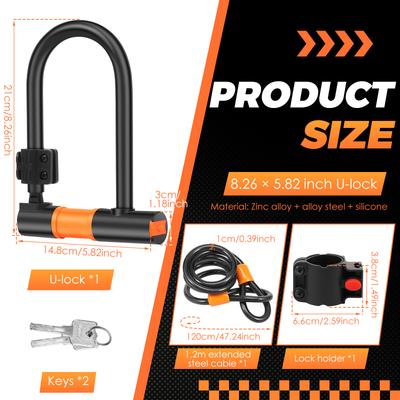 Bike Lock Set with 3.94ft Steel Cable Secure Anti Theft Bicycle U Lock with Bracket 2 Keys for Road Bike and Motorcycles Fence