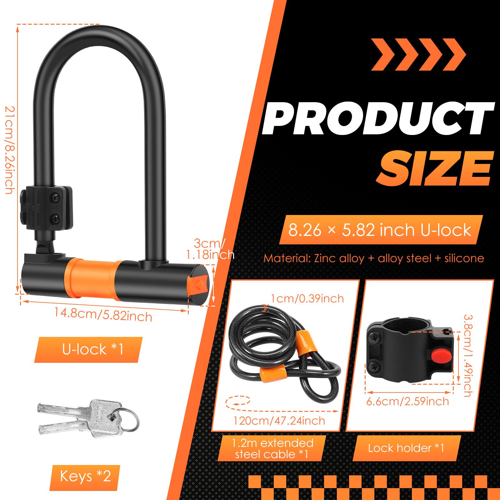 

Bicycle U-Lock with 3.94ft/1.2m Double Loop Cable Secure Anti-Theft Bicycle Bike Lock with Waterproof Sliding Cover or Mountai