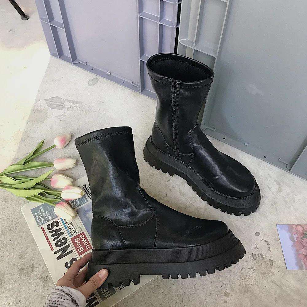 Fashion Soft Leather Thick Sole Women's Boots New Short Boots Women's Shoes Side Zipper Rider Boots Back Lace-Up Middle Boots