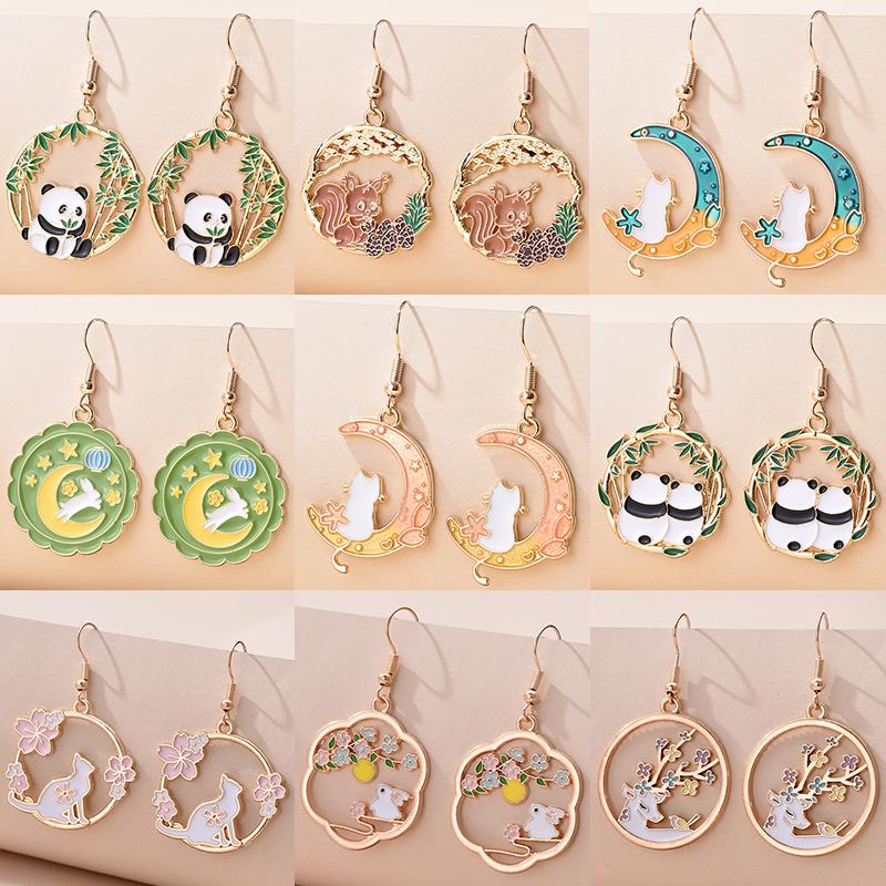 Vintage Cute Cartoon Animal Kitten Rabbit Panda Deer Earrings For Women Girls Zircon Sweet Moon Cat Squirrel Enamel Earrings