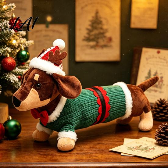 Holiday Themed Soft Toy Christmas Dachshund Plush Toy Cute Dog Stuffed Animal with Santa Hat Sweater Sweater Decor Ornament for Home Shelf Display,