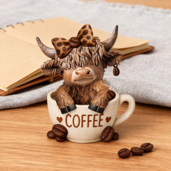 Yousheng 1/2Pcs Coffee Cup Highland Cow Figurine Coffee Bean Highland Cattle Resin Statue Sculpture Decoration Ornament Calf Lovers Gifts