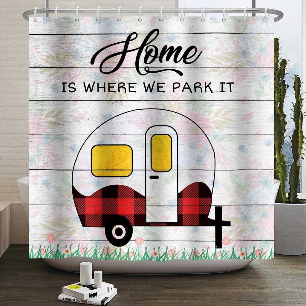 Camper Shower Curtain Happy Camper Trailer Car Rv Forest Mountain Tent Camping Bathroom Shower Curtain Waterproof Bath Curtain