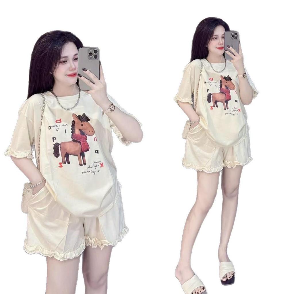 Cute Horse Print Women's Summer Two-Piece Suit: Loose Short Sleeve Top & Shorts