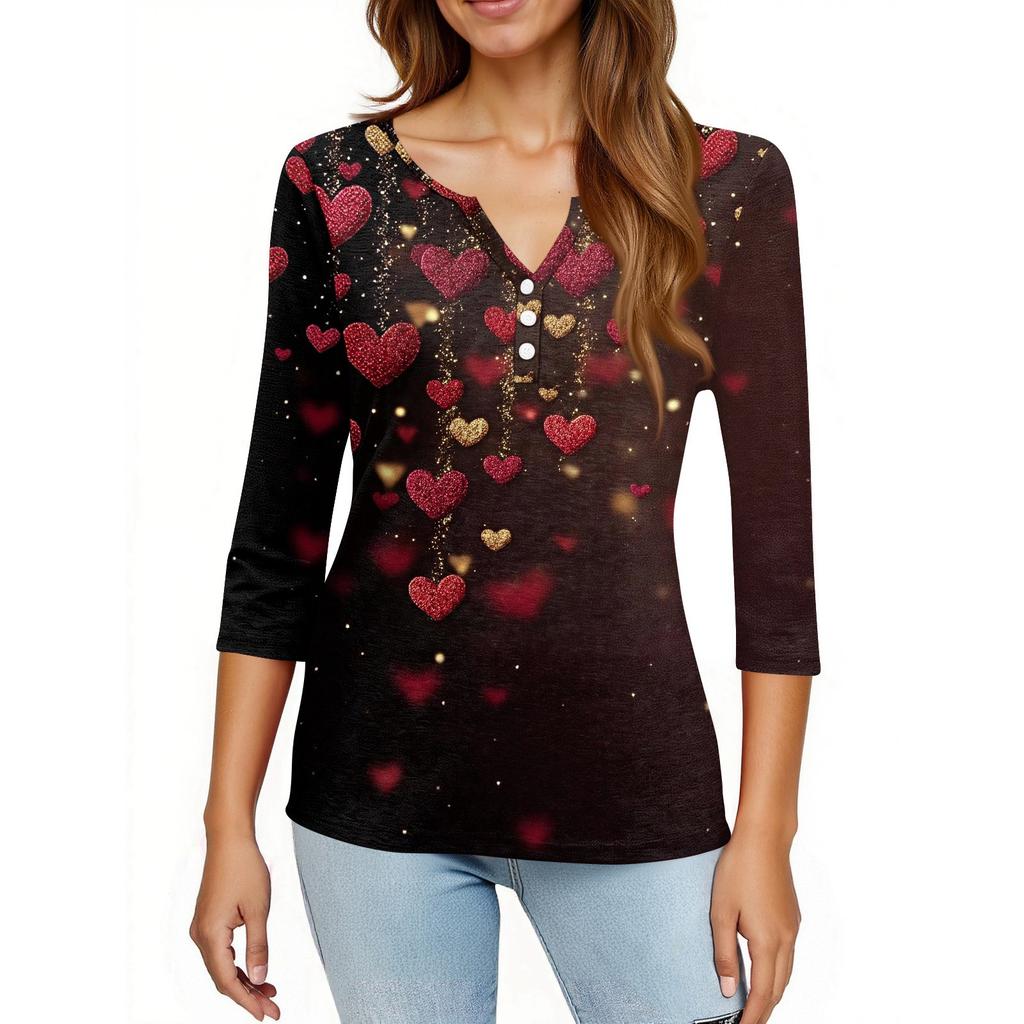 Women's T Shirt Print Button 3/4 Sleeve Daily Weekend Fashion Basic V- Neck Regular Top