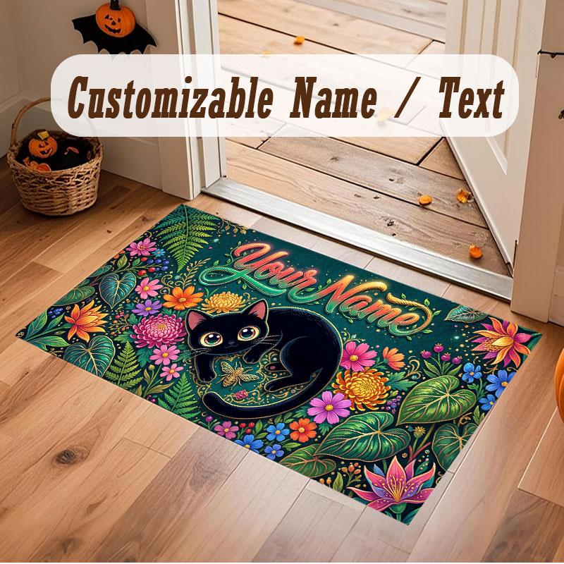 Cat Theme Crystal Velvet Floor Rug Personalized Custom Name Text Warm Carpet Home Decoration
