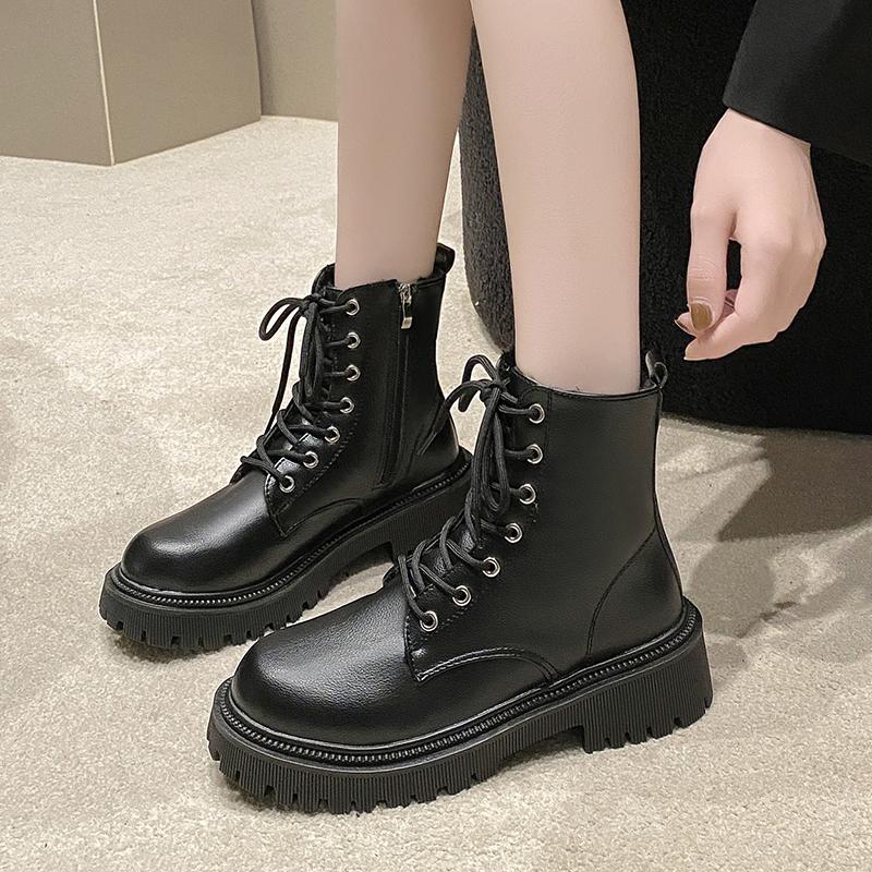 Women's Boots 2025 Autumn/Winter New British Style Plush Fashion Thick Bottom Motorcycle Boots Lace Comfort Zipper Snow Boots