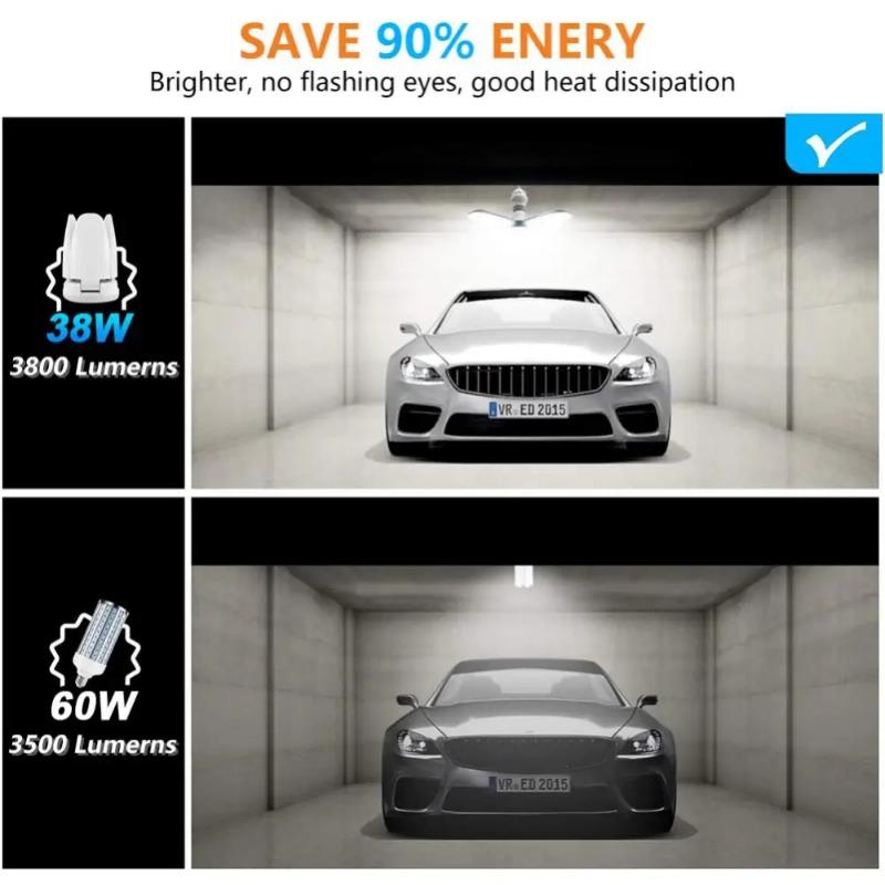 E27 LED Light Garage Lights 3800LM Led Garage Ceiling Lights Deformable Led Garage Lights With 4 Ajustable Panels
