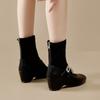Vintage Square Head Rhinestone Buckle Elastic Boots Women's Slope Heel Skinny Boots Leather Cloth Splicing Medium Tube Mary Jane Boots Autumn Boots