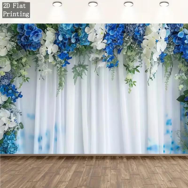 

2D Elegant Blue Floral Curtain Backdrop, 2D Flat Printing Banner for Bridal Shower & Photoshoot 47.2x31.5inch/120*80cm