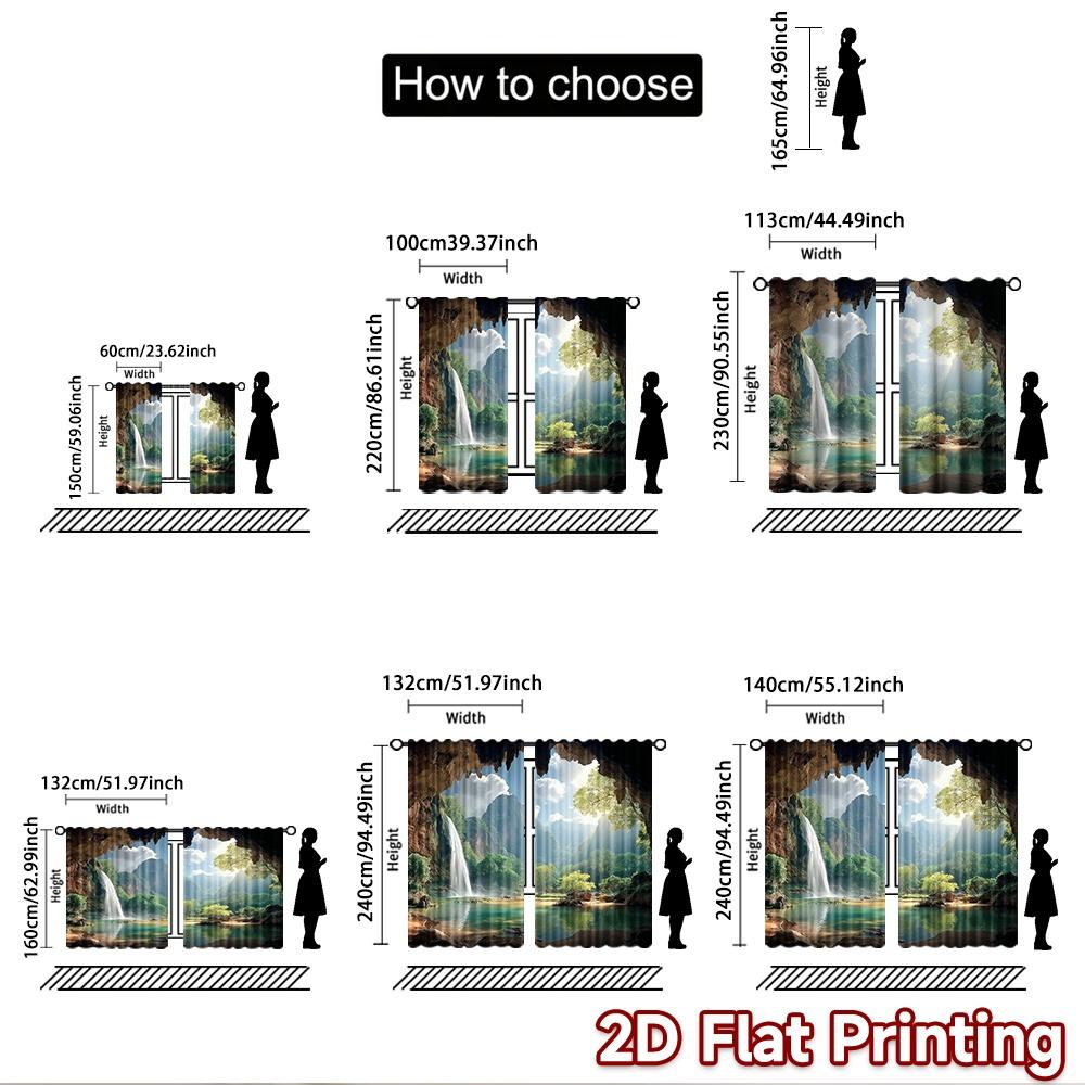 2D Flat Printing 2pcs Party Curtain Cave Waterfall Scenic Mountain Digital Printed Polyester Drapes Festive Holiday Use for