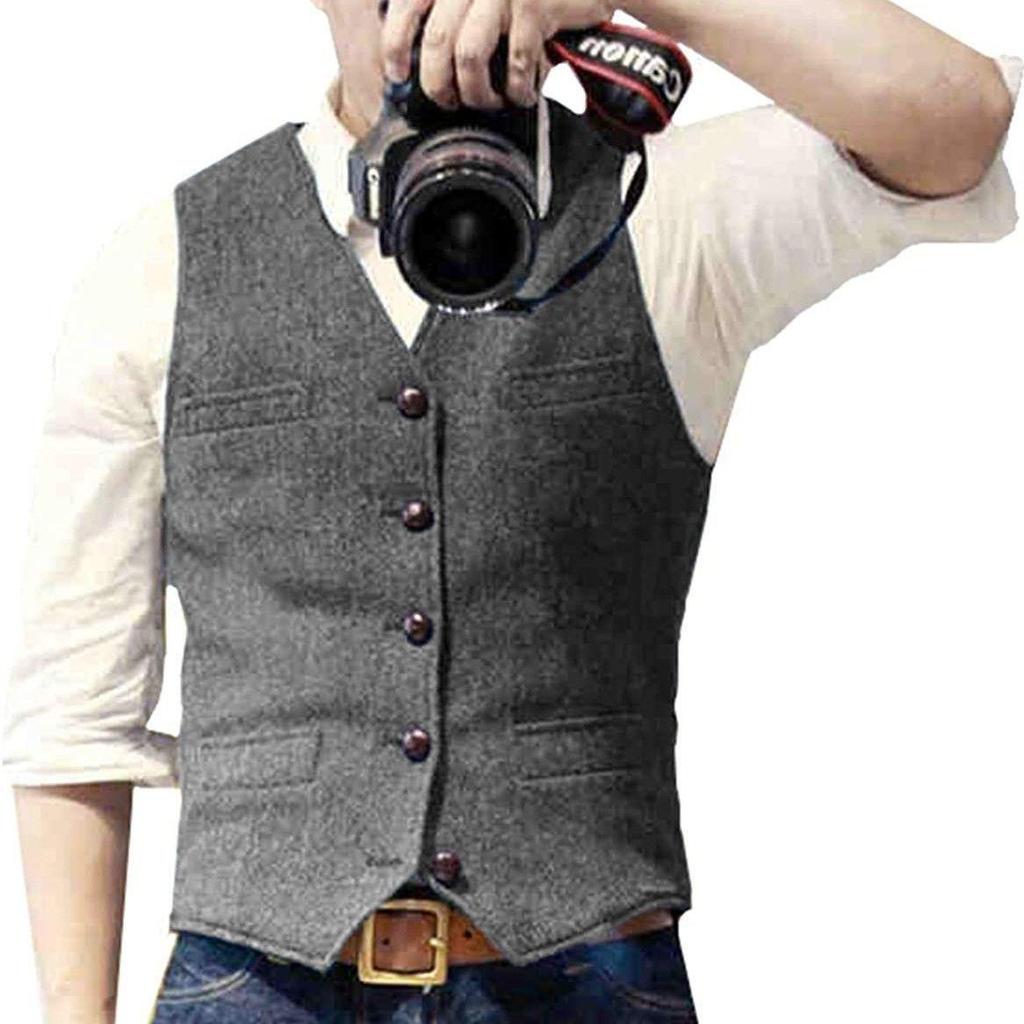 European & American Men's Retro Herringbone Wool Vest - British Style Single-Breasted Casual Waistcoat