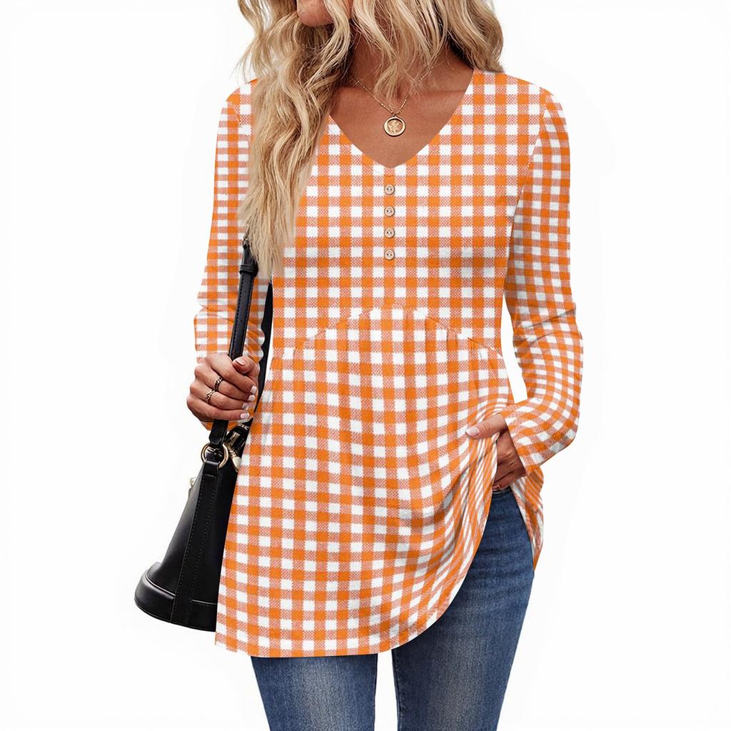 Women's Casual Fashion V-Neck Button Plaid Long Sleeve Top