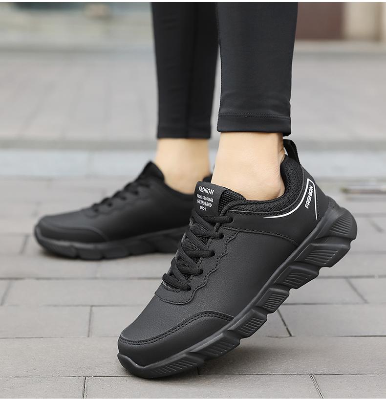 Women Running Shoes PU Leather Lace-up Men Warm Light Walking Sneaker Fitness Sport Flats Comfortable Black Size 35-45 Loafers